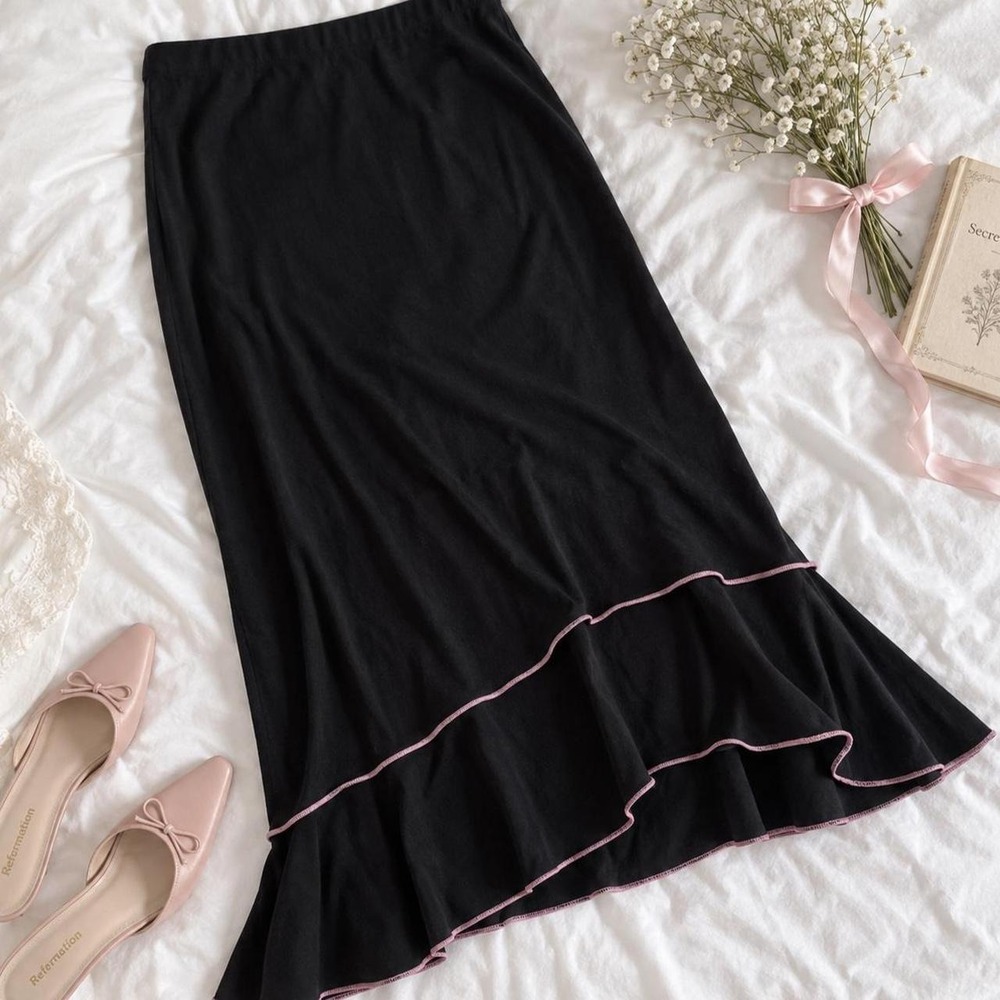 black ruffle fairy skirt  Susan Lawrence whimsigoth black hem skirt size large